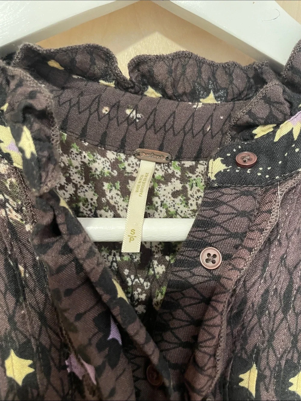 Free People Rare Feelings Brown Maxi Dress with Purple and Cream Floral Pattern
